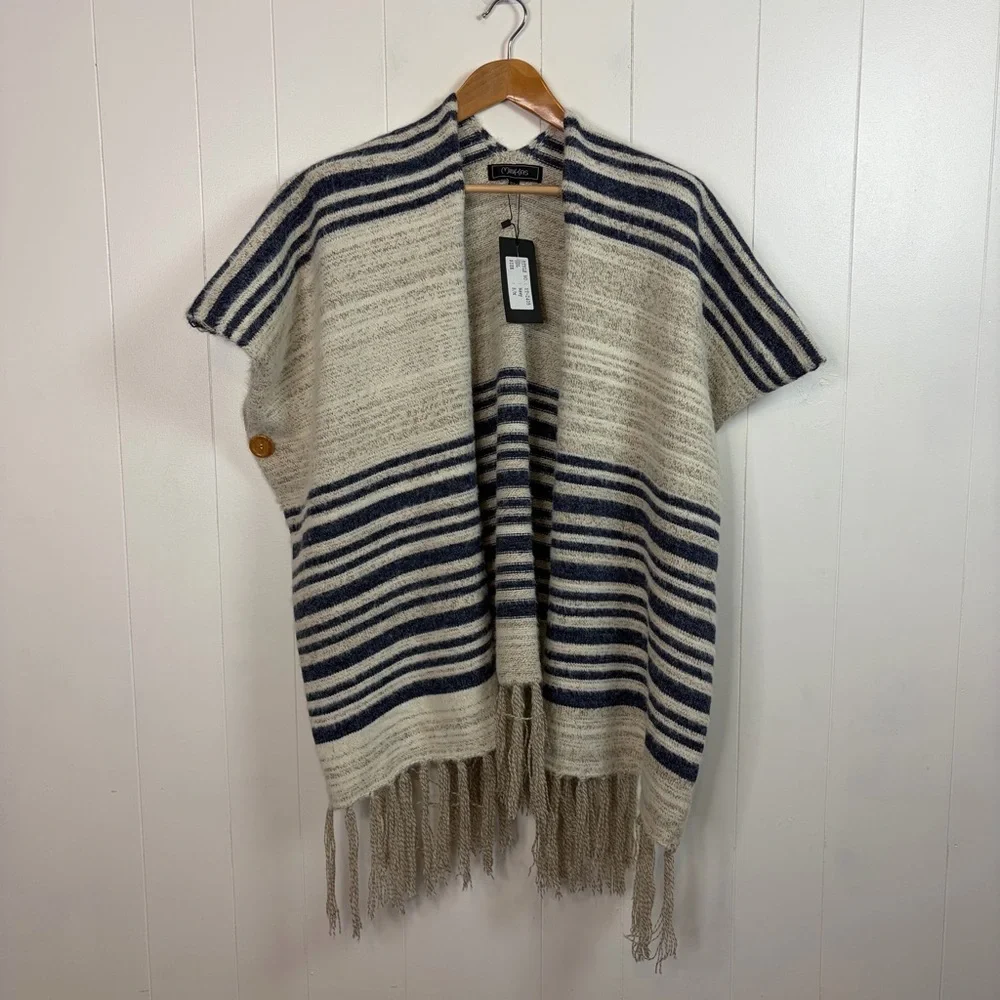 Minkas Striped Knit Poncho Cardigan Fringe Open Front Boho Shawl Wrap Sweater - Picture 9 of 9